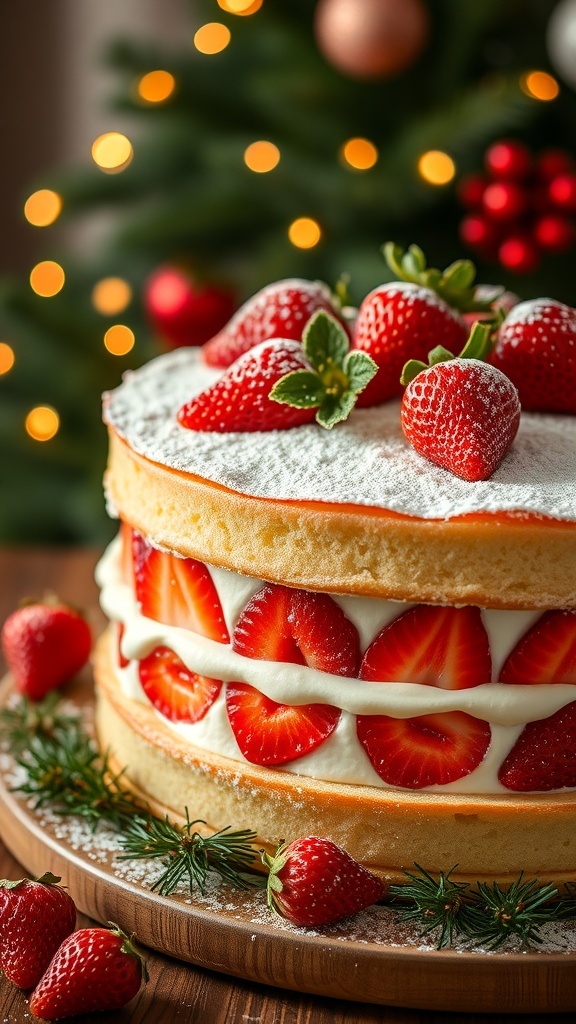 Japanese Christmas cake with layers of sponge, cream, and strawberries, decorated for the holidays.
